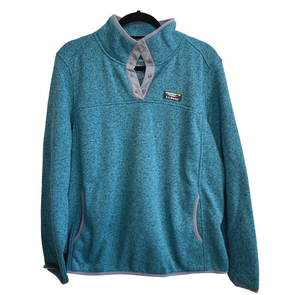 L.L. Bean Women 1X Reg Teal Heathered Snap Neck Pullover Fleece Sweater